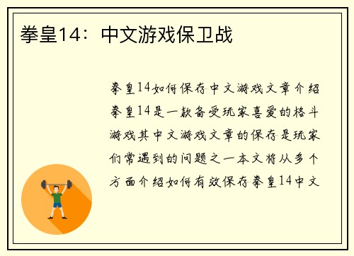 拳皇14:中文游戏保卫战