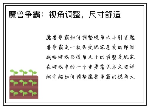 魔兽争霸：视角调整，尺寸舒适